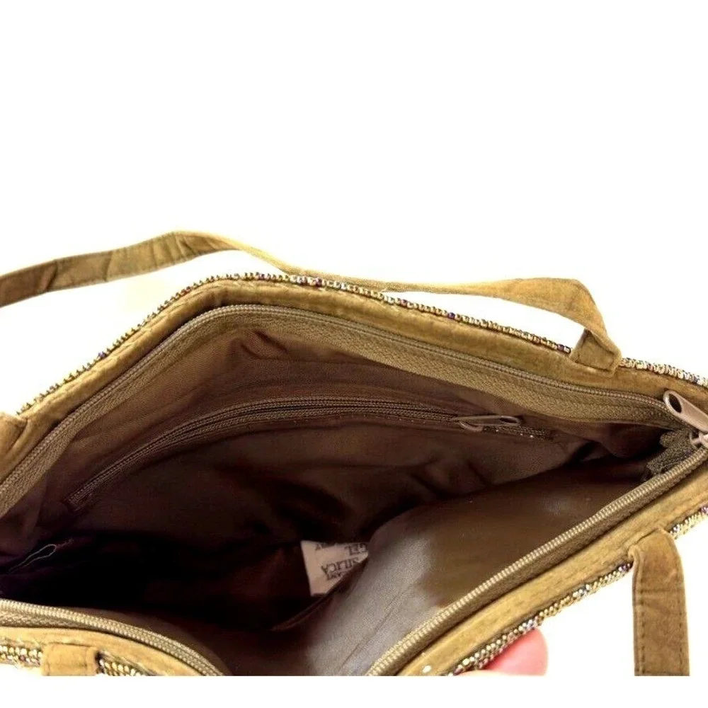 ERMO Collection‎ Evening Velvet Floral Beaded Handbag Zipper Olive Green